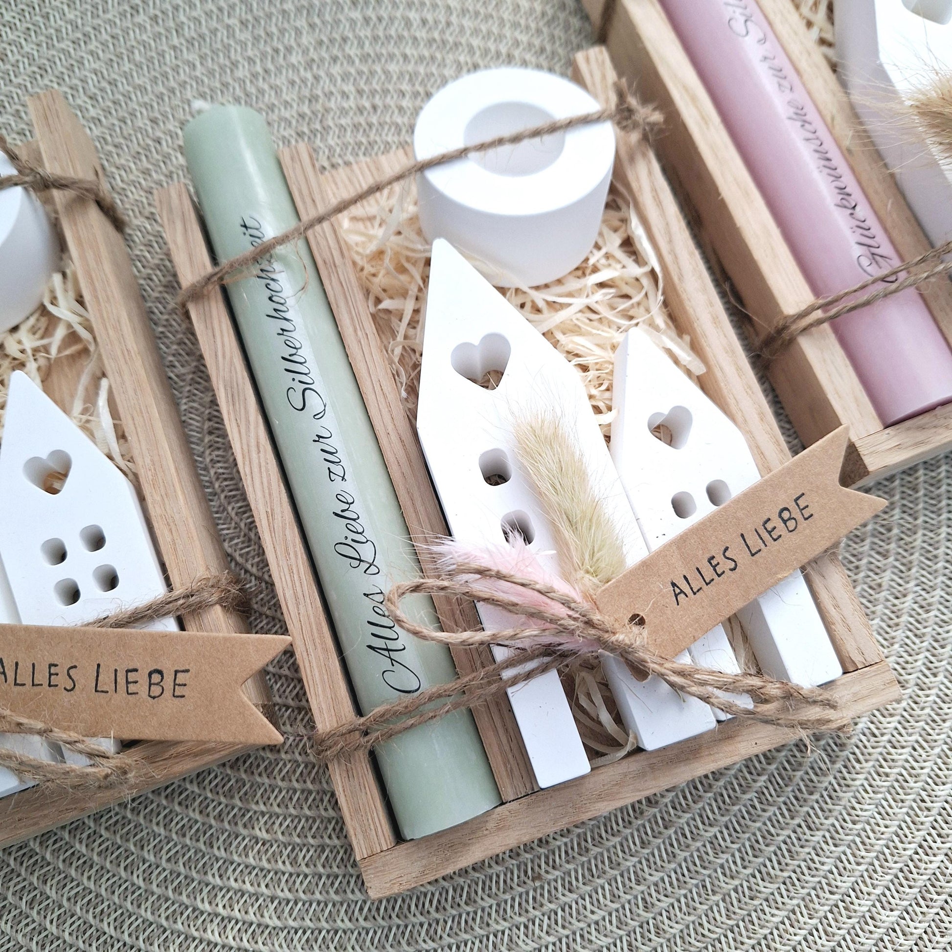 Silberhochzeit Silberhochzeitsgeschenk Häuser Lichthäuser Kerzenhalter rund Stabkerze Kerzenbox Holzbox Mitbringsel