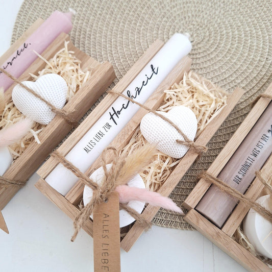 Hochzeit Geschenkset Hochzeitsgeschenk Dekoherz Kerzenhalter rund Kerzenset Stabkerze Kerzenbox Holzbox Mitbringsel