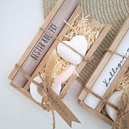 Geschenk Kollegin mit Herz Kollege Geschenkset Dankeschön Dekoherz Kerzenhalter rund Kerzenset Geschenkset Stabkerze Holzbox