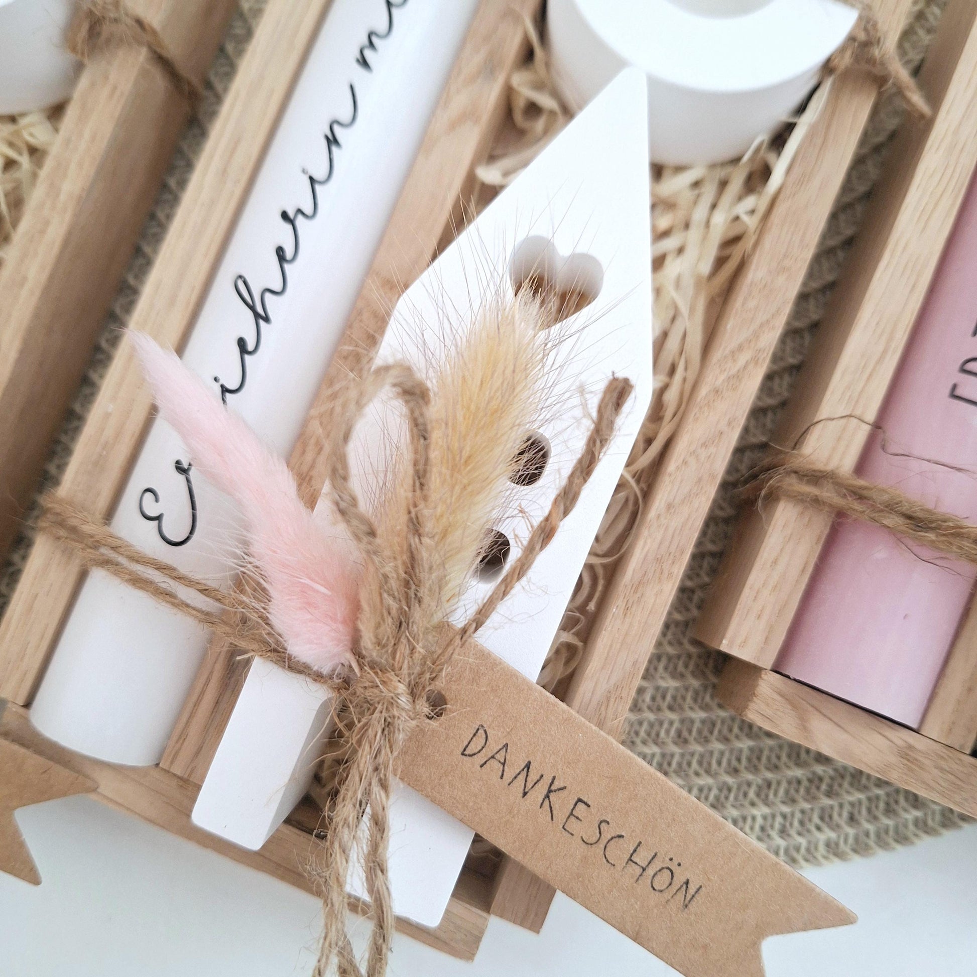 Abschiedsgeschenk Kindergarten KITA Erzieherin mit Herz Geschenkset Dankeschön Haus / Lichthaus Kerzenhalter rund Kerzenset Stabkerze