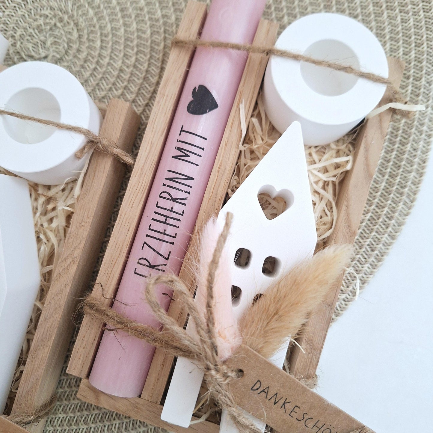Abschiedsgeschenk Kindergarten KITA Erzieherin mit Herz Geschenkset Dankeschön Haus / Lichthaus Kerzenhalter rund Kerzenset Stabkerze