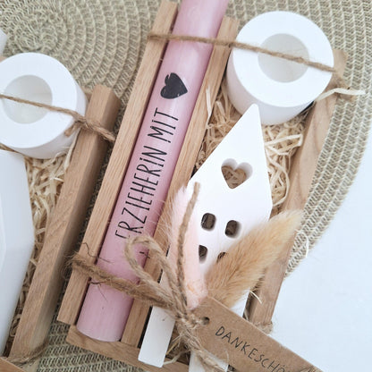 Abschiedsgeschenk Kindergarten KITA Erzieherin mit Herz Geschenkset Dankeschön Haus / Lichthaus Kerzenhalter rund Kerzenset Stabkerze