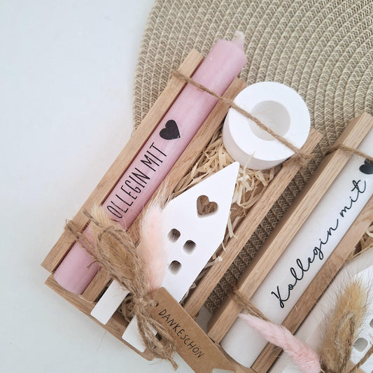 Geschenk Kollegin mit Herz Kollege Geschenkset Dankeschön Haus / Lichthaus Kerzenhalter rund Kerzenset Geschenkset Stabkerze Holzbox