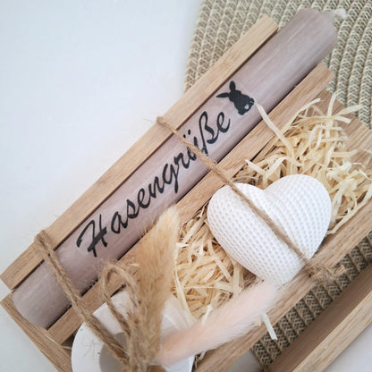 Ostern Ostergeschenk Geschenkset Kerze Kerzenset Dekoherz Kerzenhalter rund Stabkerze Schriftzug Frohe Ostern Osterfest Mitbringsel