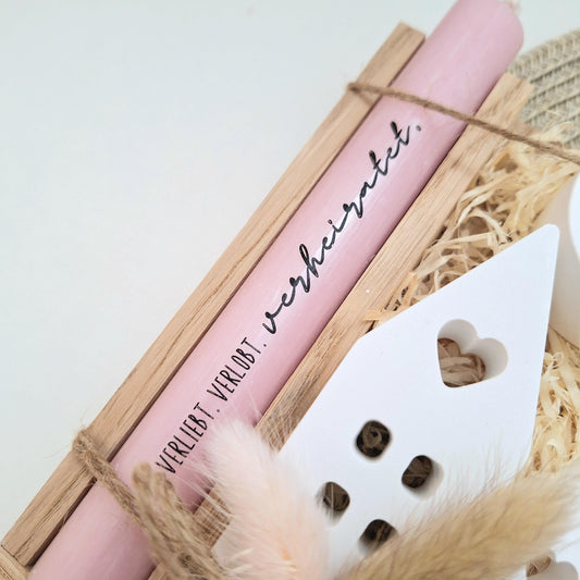 Hochzeit Geschenkset Hochzeitsgeschenk Häuser / Lichthäuser Kerzenhalter rund Kerzenset Stabkerze Kerzenbox Holzbox Mitbringsel