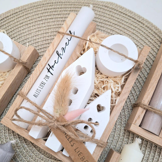 Hochzeit Geschenkset Hochzeitsgeschenk Häuser / Lichthäuser Kerzenhalter rund Kerzenset Stabkerze Kerzenbox Holzbox Mitbringsel