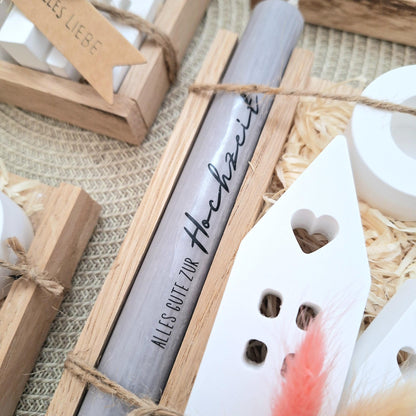 Hochzeit Geschenkset Hochzeitsgeschenk Häuser / Lichthäuser Kerzenhalter rund Kerzenset Stabkerze Kerzenbox Holzbox Mitbringsel