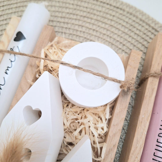 Abschiedsgeschenk Kindergarten KITA Erzieherin mit Herz Geschenkset Dankeschön Häuser / Lichthäuser Kerzenhalter rund Kerzenset Stabkerze Holzbox