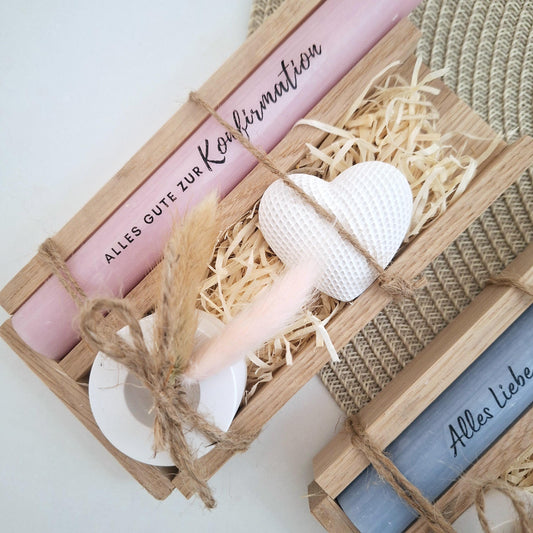 Konfirmation Konfirmationsgeschenk mit Dekoherz und Kerzenhalter rund Geschenkset für Jungen und Mädchen Konfirmationskerze Kerzenset