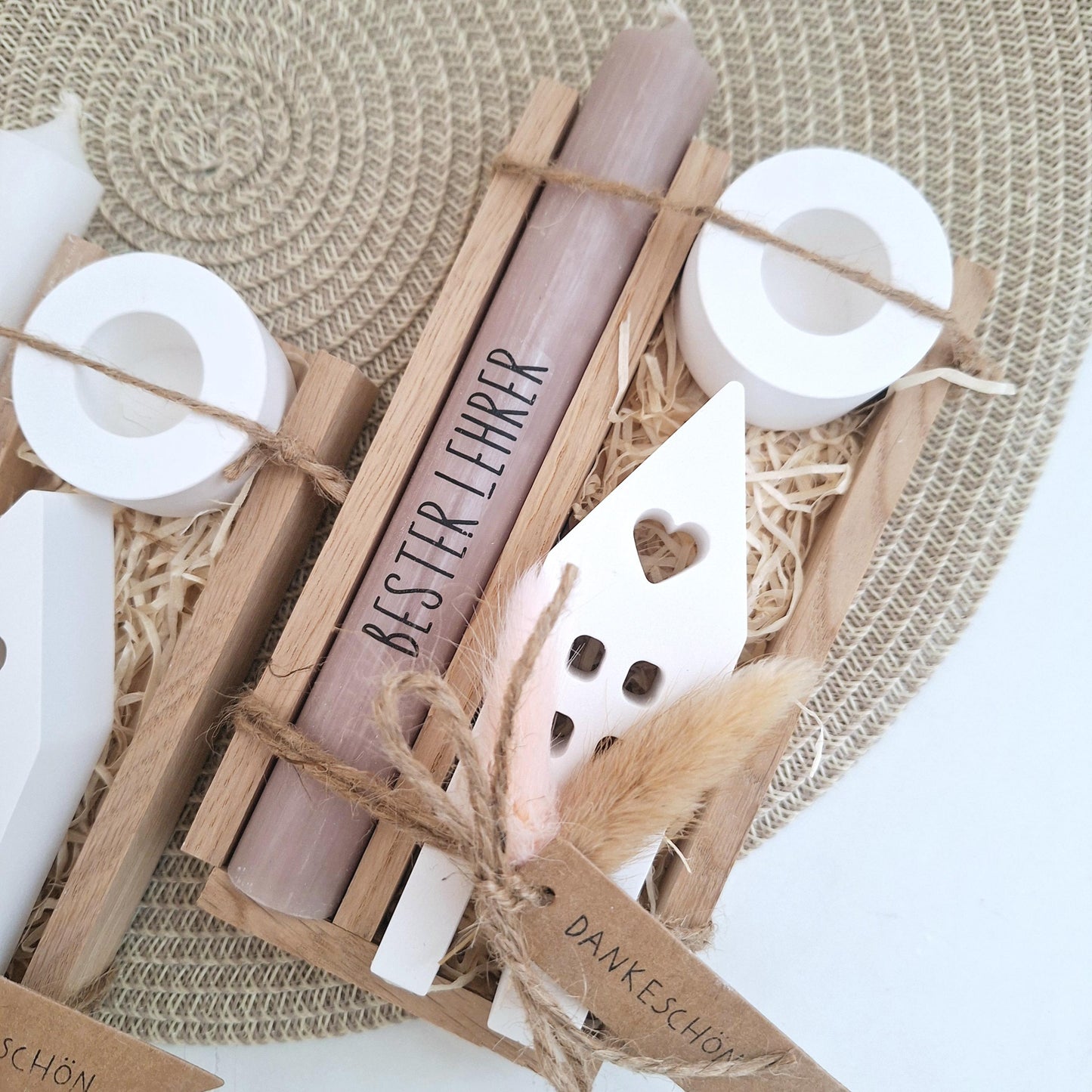 Abschiedsgeschenk Schule Lehrerin mit Herz Lehrer Geschenkset Dankeschön Haus / Lichthaus Kerzenhalter rund Kerzenset Stabkerze Holzbox