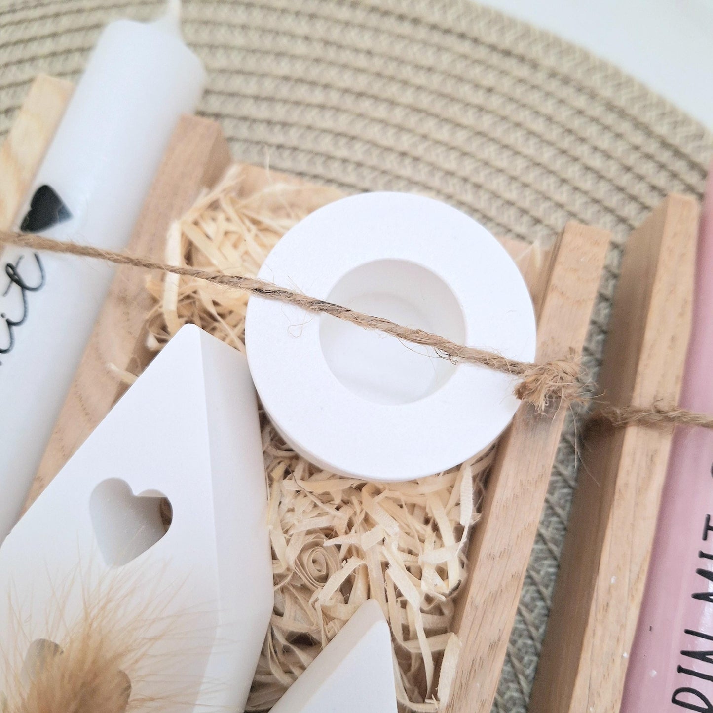 Abschiedsgeschenk Schule Lehrerin mit Herz Lehrer Geschenkset Dankeschön Häuser / Lichthäuser Kerzenhalter rund Kerzenset Stabkerze Holzbox