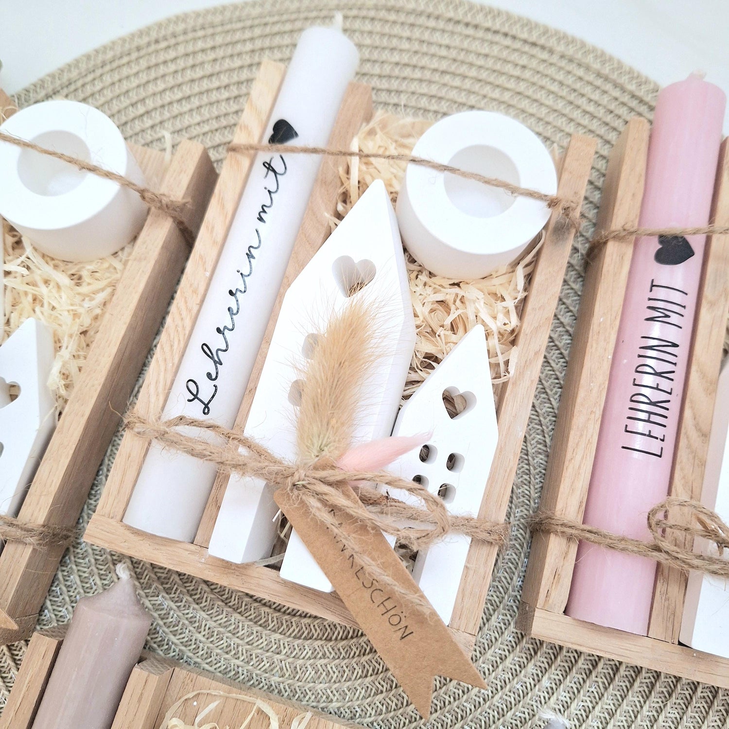 Abschiedsgeschenk Schule Lehrerin mit Herz Lehrer Geschenkset Dankeschön Häuser / Lichthäuser Kerzenhalter rund Kerzenset Stabkerze Holzbox