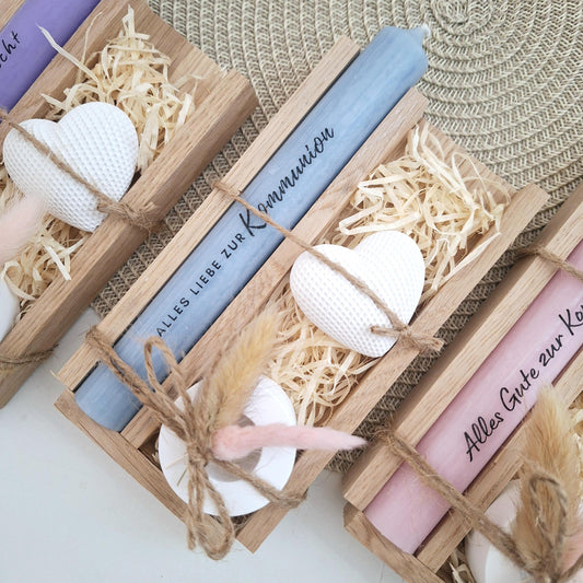 Kommunion Kommunionsgeschenk mit Dekoherz und Kerzenhalter rund Geschenkset für Jungen und Mädchen Kommunionskerze Kerzense