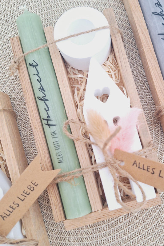 Hochzeit Hochzeitsgeschenk Haus / Lichthaus Kerze Kerzenset Kerzenhalter Stabkerze Kerze mit Kerzenbox Holzbox Mitbringsel