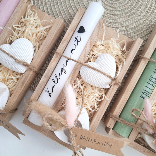 Kollegin mit Herz Kollege Geschenk Geschenkset Dankeschön Dekoherz Kerzenhalter Herz Kerzenset Geschenkset Stabkerze Holzbox