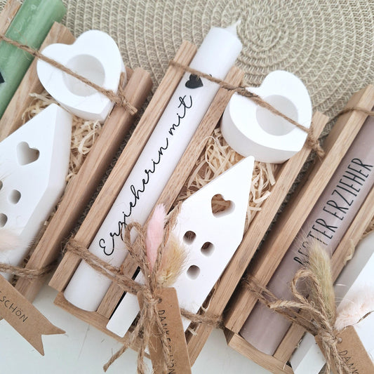 Abschiedsgeschenk Kindergarten KITA Erzieherin mit Herz Geschenkset Dankeschön Haus / Lichthaus Kerzenhalter Herz Kerzenset Stabkerz