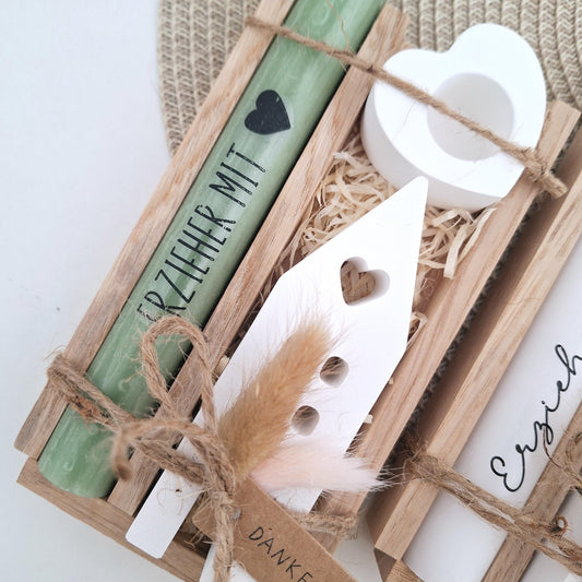 Abschiedsgeschenk Kindergarten KITA Erzieherin mit Herz Geschenkset Dankeschön Haus / Lichthaus Kerzenhalter Herz Kerzenset Stabkerz