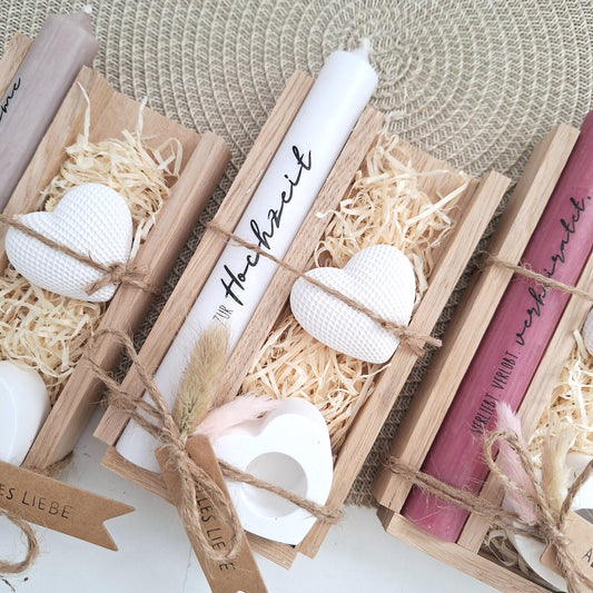Hochzeit Geschenkset Hochzeitsgeschenk Dekoherz Kerzenhalter Herz Kerzenset Stabkerze Kerzenbox Holzbox Mitbringsel
