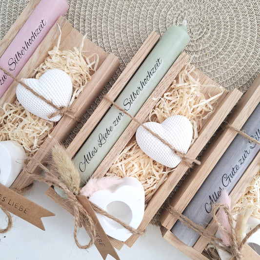 Silberhochzeit Silberhochzeitsgeschenk Dekoherz Kerzenhalter Herz Stabkerze Kerzenbox Holzbox Mitbringsel