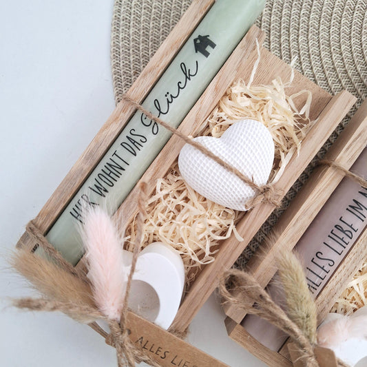 Einzugsgeschenk Einweihungsgeschenk Geschenkset zum Umzug Einzug Dekoherz Kerzenhalter Herz Kerzenset zum Hauskauf Richtfest Stabkerze