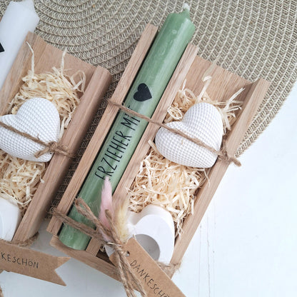 Abschiedsgeschenk Kindergarten KITA Erzieherin mit Herz Dekoherz Kerzenhalter Herz Geschenkset Dankeschön  Kerzenset Stabkerze Holzbox
