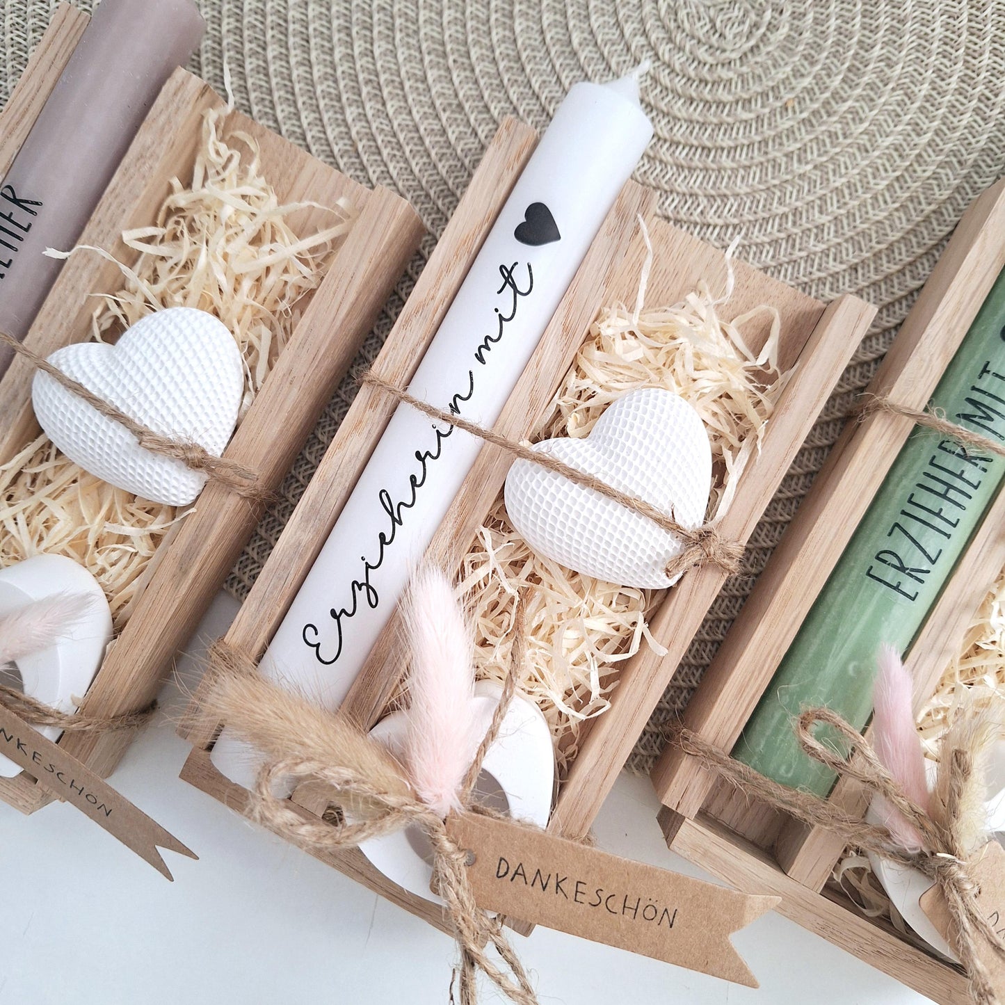 Abschiedsgeschenk Kindergarten KITA Erzieherin mit Herz Dekoherz Kerzenhalter Herz Geschenkset Dankeschön  Kerzenset Stabkerze Holzbox