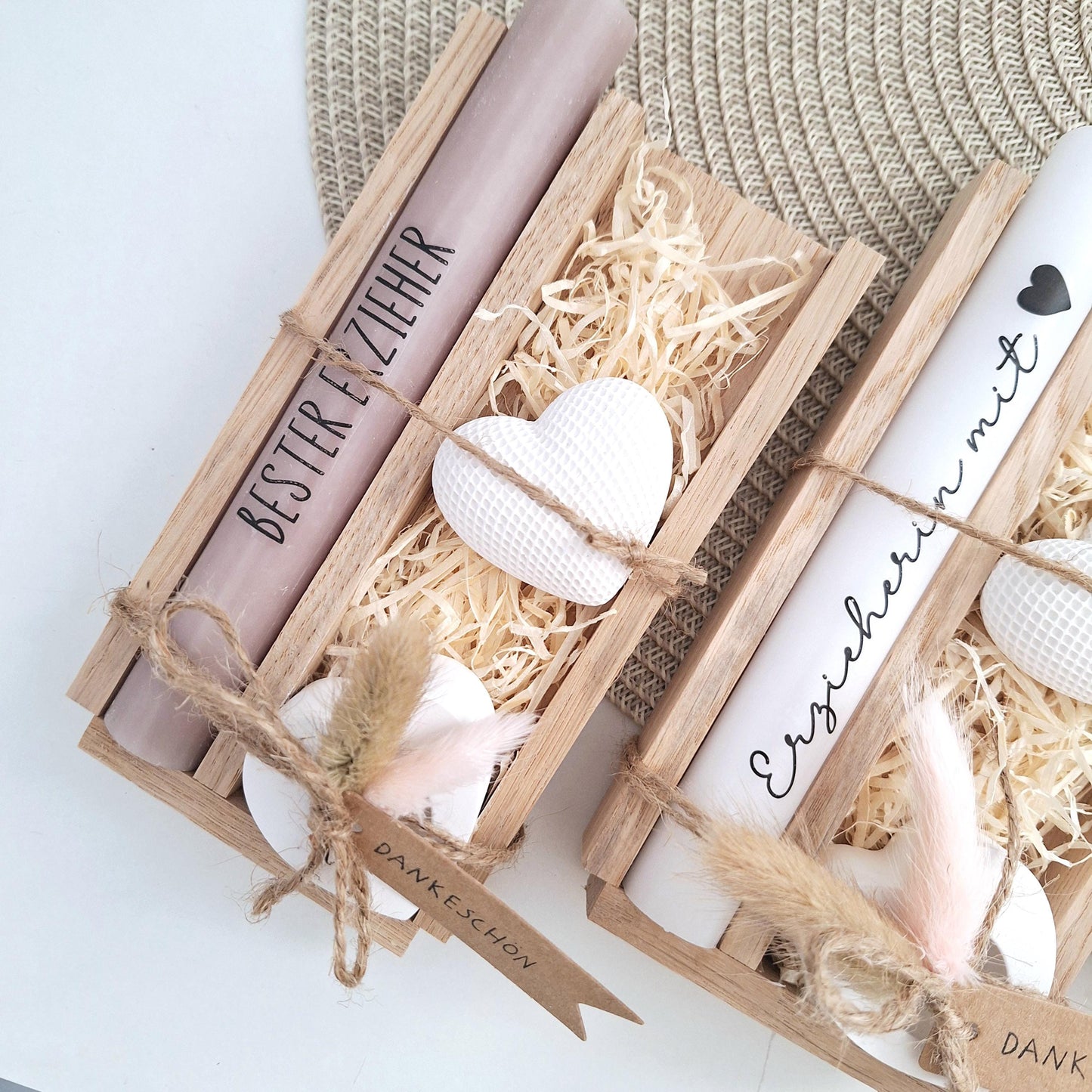 Abschiedsgeschenk Kindergarten KITA Erzieherin mit Herz Dekoherz Kerzenhalter Herz Geschenkset Dankeschön  Kerzenset Stabkerze Holzbox