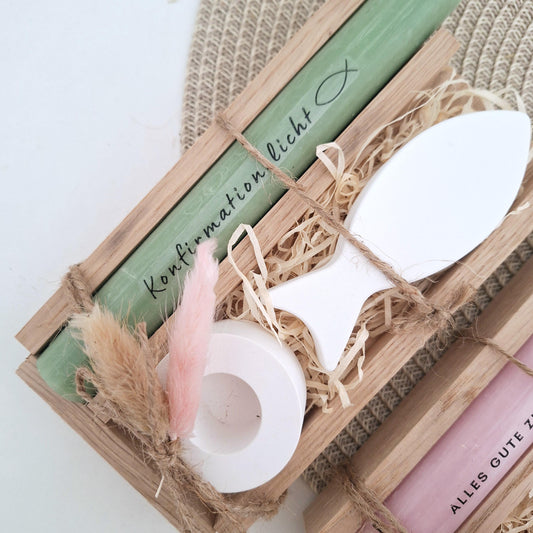 Konfirmation Konfirmationsgeschenk mit einem Fisch (Var 2) Kerzenhalter rund Geschenkset für Jungen und Mädchen Konfirmationskerze Kerzenset