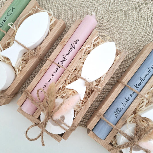 Konfirmation Konfirmationsgeschenk mit einem Fisch (Var 2) Kerzenhalter rund Geschenkset für Jungen und Mädchen Konfirmationskerze Kerzenset