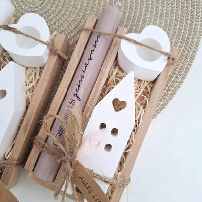 Hochzeit Geschenkset Hochzeitsgeschenk Haus / Lichthaus Kerzenhalter Herz Kerzenset  Stabkerze Kerzenbox Holzbox Mitbringsel