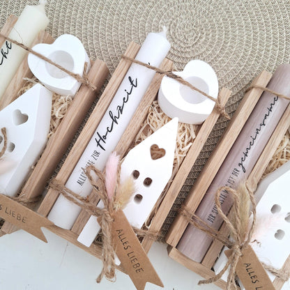 Hochzeit Geschenkset Hochzeitsgeschenk Haus / Lichthaus Kerzenhalter Herz Kerzenset  Stabkerze Kerzenbox Holzbox Mitbringsel