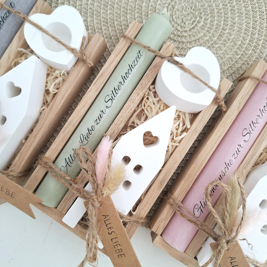 Silberhochzeit Silberhochzeitsgeschenk Haus / Lichthaus Kerzenhalter Herz Stabkerze Kerzenbox Holzbox Mitbringsel