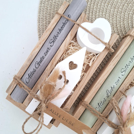 Silberhochzeit Silberhochzeitsgeschenk Haus / Lichthaus Kerzenhalter Herz Stabkerze Kerzenbox Holzbox Mitbringsel