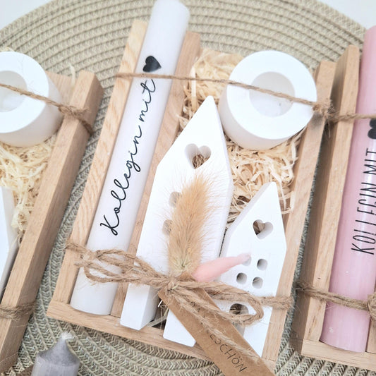 Geschenk Kollegin Kollege mit Herz Geschenkset Dankeschön Häuser / Lichthäuser Kerzenhalter rund Kerzenset Holzbox