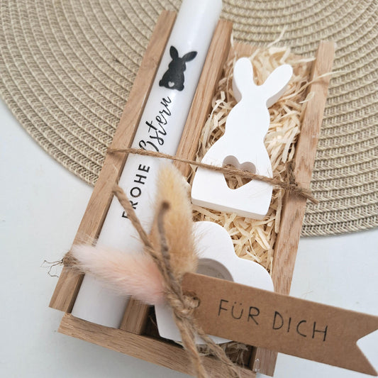 Ostern Geschenkset Ostergeschenk Hase mit Herz klein Kerzenhalter Herz Kerzenset Stabkerze Kerzenbox Holzbox Mitbringsel