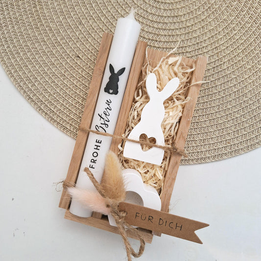 Ostern Geschenkset Ostergeschenk Hase mit Herz klein Kerzenhalter Herz Kerzenset Stabkerze Kerzenbox Holzbox Mitbringsel