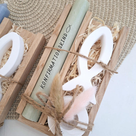 Konfirmation Konfirmationsgeschenk mit einem Fisch (Var 1) Kerzenhalter rund Geschenkset für Jungen und Mädchen Konfirmationskerze Kerzenset