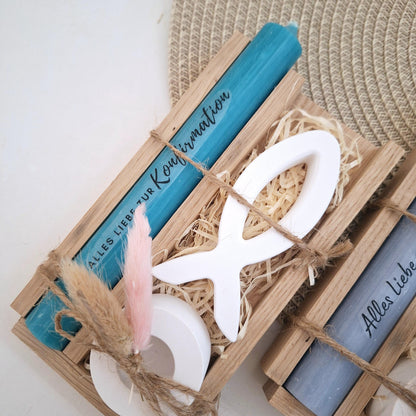 Konfirmation Konfirmationsgeschenk mit einem Fisch (Var 1) Kerzenhalter rund Geschenkset für Jungen und Mädchen Konfirmationskerze Kerzenset