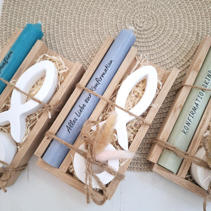 Konfirmation Konfirmationsgeschenk mit einem Fisch (Var 1) Kerzenhalter rund Geschenkset für Jungen und Mädchen Konfirmationskerze Kerzenset