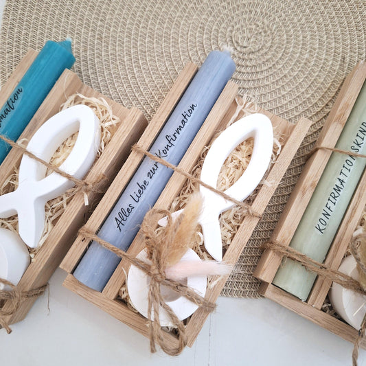 Konfirmation Konfirmationsgeschenk mit einem Fisch (Var 1) Kerzenhalter rund Geschenkset für Jungen und Mädchen Konfirmationskerze Kerzenset