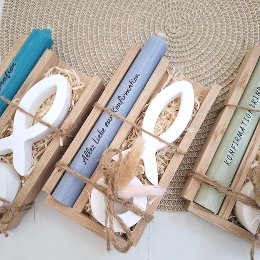 Konfirmation Konfirmationsgeschenk mit einem Fisch (Var 1) Kerzenhalter rund Geschenkset für Jungen und Mädchen Konfirmationskerze Kerzenset