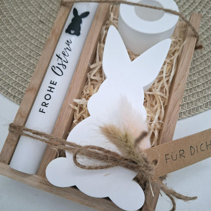 Ostern Geschenkset Ostergeschenk Hase Silhouette Kerzenhalter rund Kerzenset Stabkerze Kerzenbox Holzbox Mitbringsel