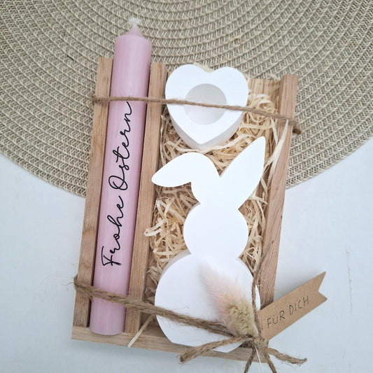 Ostern Geschenkset Ostergeschenk Hase mit Knickohr Kerzenhalter Herz Kerzenset Stabkerze Kerzenbox Holzbox Mitbringsel