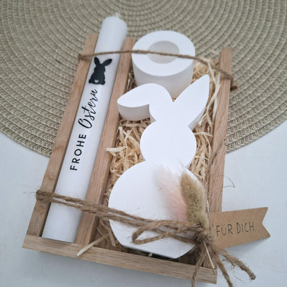 Ostern Geschenkset Ostergeschenk Hase mit Knickohr Kerzenhalter rund Kerzenset Stabkerze Kerzenbox Holzbox Mitbringsel