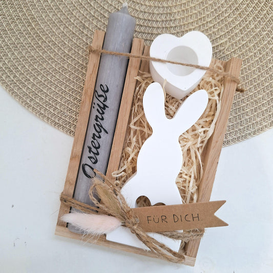 Ostern Geschenkset Ostergeschenk Hase mit Herz groß Kerzenhalter Herz Kerzenset Stabkerze Kerzenbox Holzbox Mitbringsel