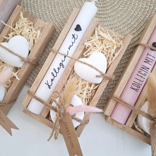 Geschenk Kollegin mit Herz Kollege Geschenkset Dankeschön Dekoherz Kerzenhalter rund Kerzenset Geschenkset Stabkerze Holzbox