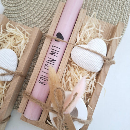 Geschenk Kollegin mit Herz Kollege Geschenkset Dankeschön Dekoherz Kerzenhalter rund Kerzenset Geschenkset Stabkerze Holzbox