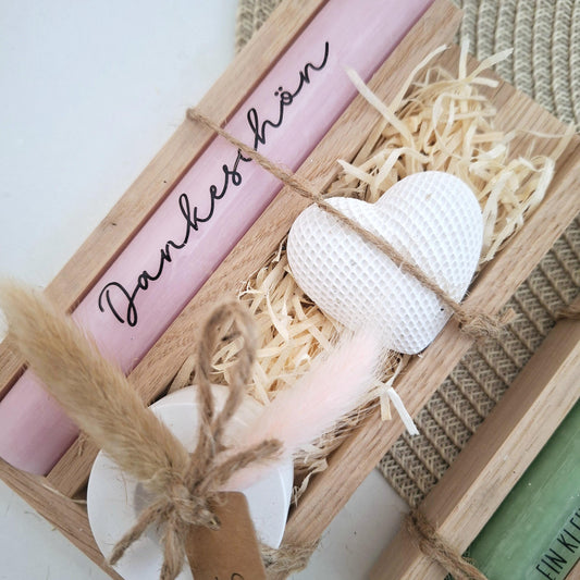 Danke Kerzenset kleines Dankeschön Danke für alles Geschenkset Dekoherz Kerzenhalter rund Stabkerze Schriftzug mit Holzbox