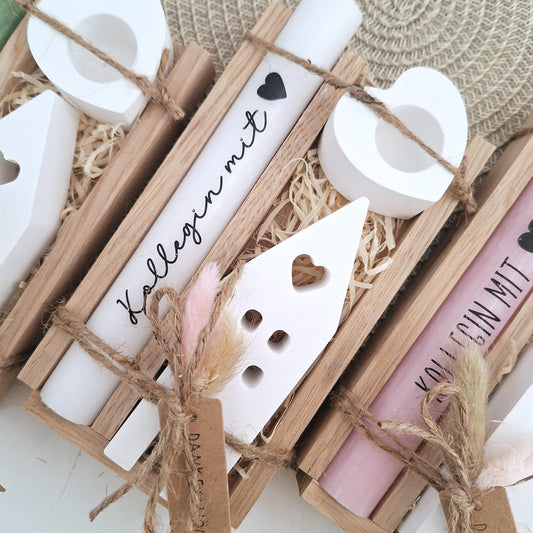 Kollegin mit Herz Kollege Geschenk Geschenkset Dankeschön Haus / Lichthaus Kerzenhalter Herz Kerzenset Geschenkset Stabkerze Holzbox