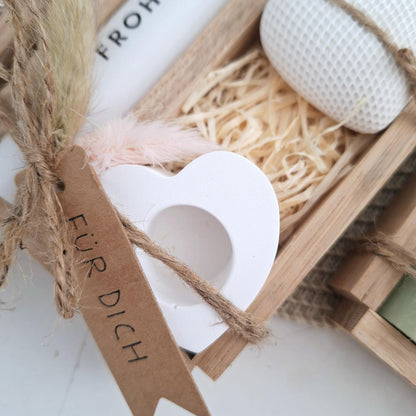 Ostern Geschenkset Ostergeschenk Dekoherz Kerzenhalter Herz Kerzenset Stabkerze Kerzenbox Holzbox Mitbringsel